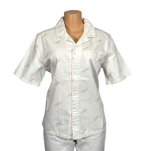 Jordan Flight Womens‎ Short Sleeve Button Up Top White Script Print Loose Fit M